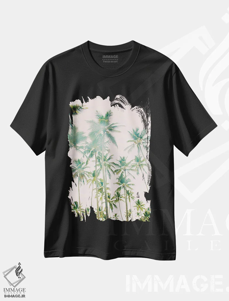 تیشرت مشکی طرح دار جزیره نخل، دکور ساحلی اثر امیلی ناواس | فروشگاه ایماژ