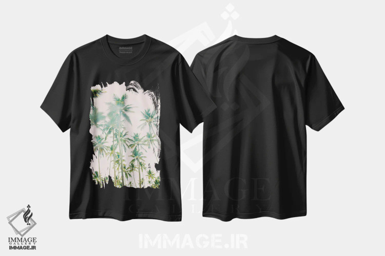 تیشرت مشکی طرح دار جزیره نخل، دکور ساحلی اثر امیلی ناواس | فروشگاه ایماژ