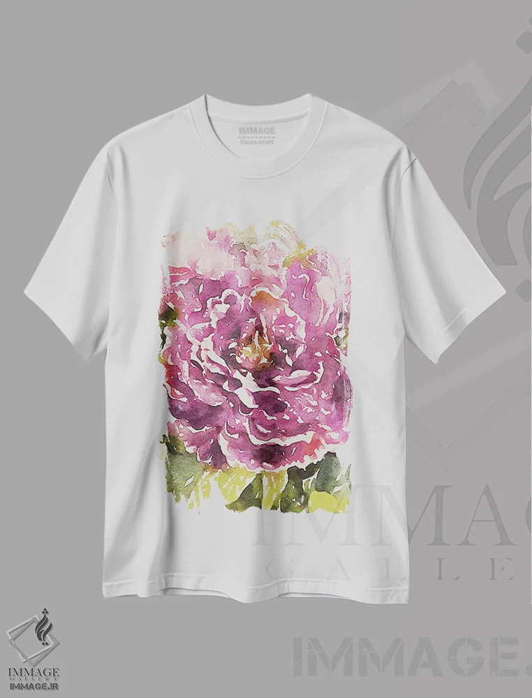 تیشرت سفید طرح دار شکوفه های بنفش، تزئینی اثر امیلی ناواس | فروشگاه ایماژ