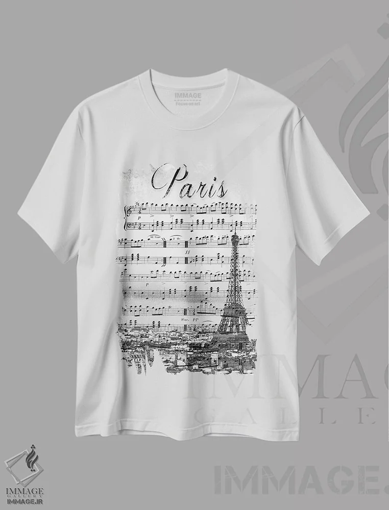 تیشرت سفید طرح دار پاریس موسیقایی، هنر تزئینی سیاه و سفید اثر امیلی ناواس | immage.ir