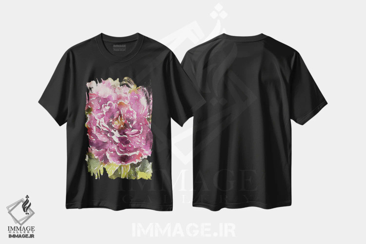 تیشرت مشکی طرح دار شکوفه های بنفش، تزئینی اثر امیلی ناواس | immage.ir