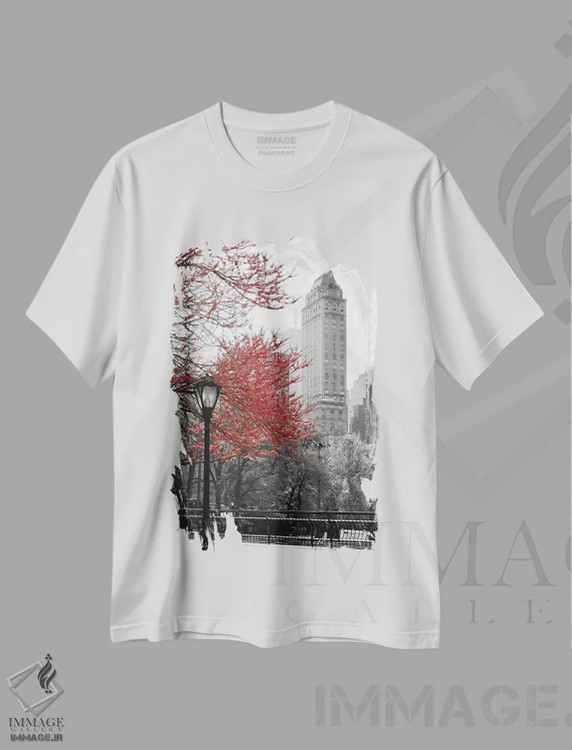 تیشرت سفید طرح دار سنترال پارک با درخت قرمز، تزئینی اثر امیلی ناواس | immage.ir