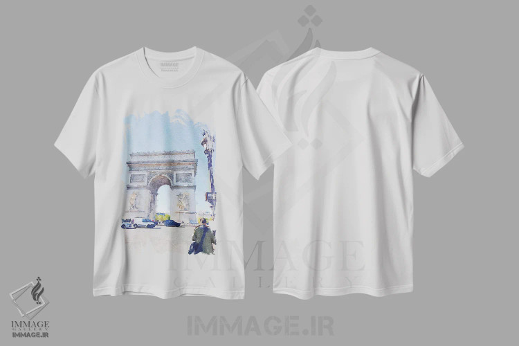 تیشرت سفید طرح دار خیابان های آبرنگی پاریس I، تزئینی اثر امیلی ناواس | فروشگاه ایماژ