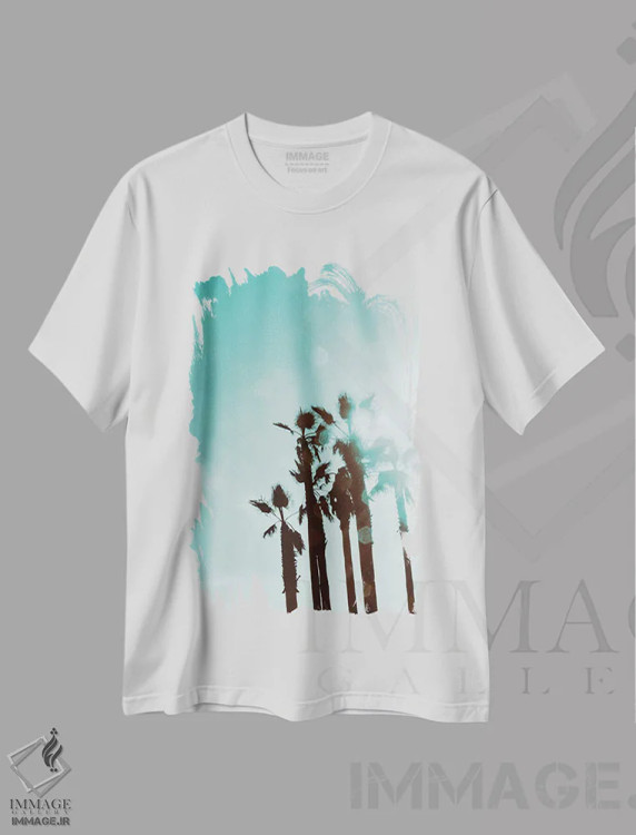 تیشرت سفید طرح دار نخل ها در آفتاب، تزئینی اثر امیلی ناواس | فروشگاه ایماژ