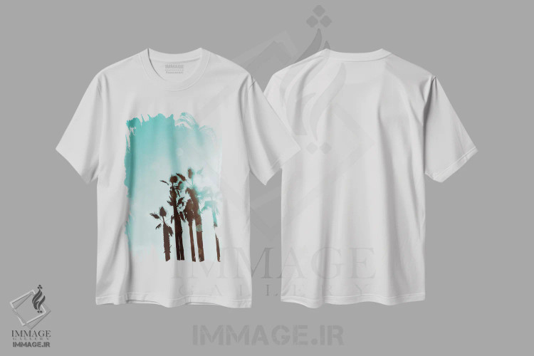 تیشرت سفید طرح دار نخل ها در آفتاب، تزئینی اثر امیلی ناواس | فروشگاه ایماژ