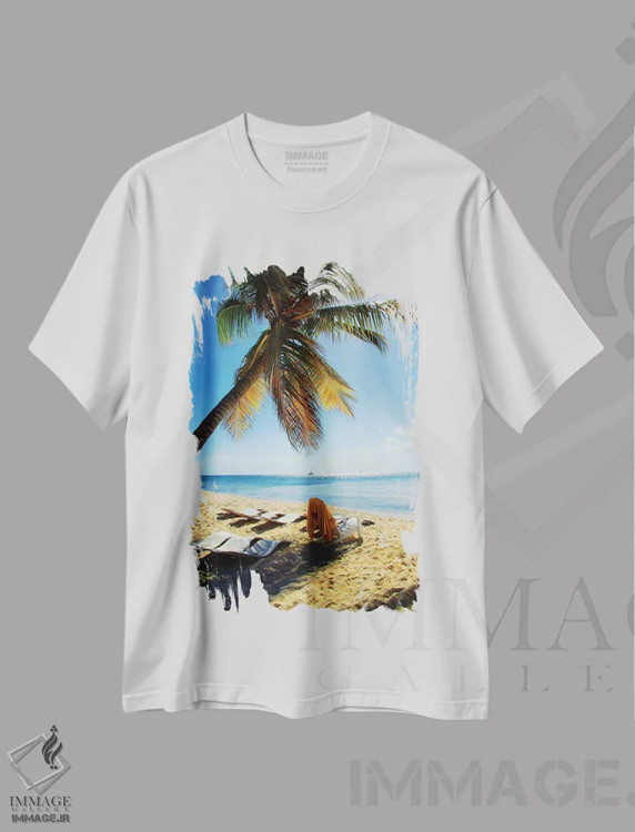 تیشرت سفید طرح دار مناظر غروب خورشید، دکور ساحلی اثر امیلی ناواس | فروشگاه ایماژ