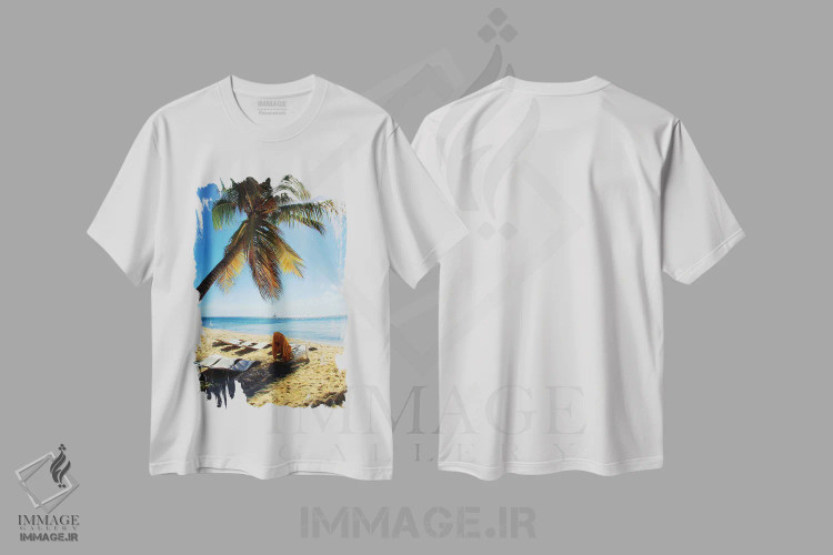 تیشرت سفید طرح دار مناظر غروب خورشید، دکور ساحلی اثر امیلی ناواس | فروشگاه ایماژ