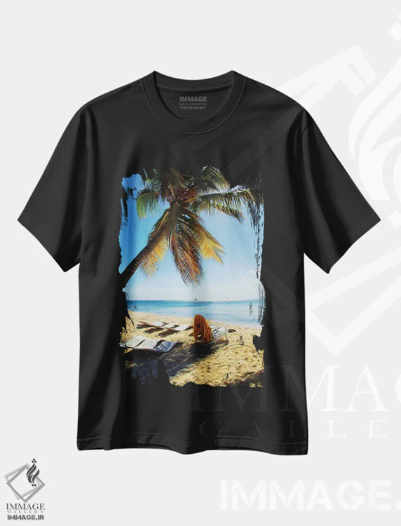 تیشرت مشکی طرح دار مناظر غروب خورشید، دکور ساحلی اثر امیلی ناواس | immage.ir