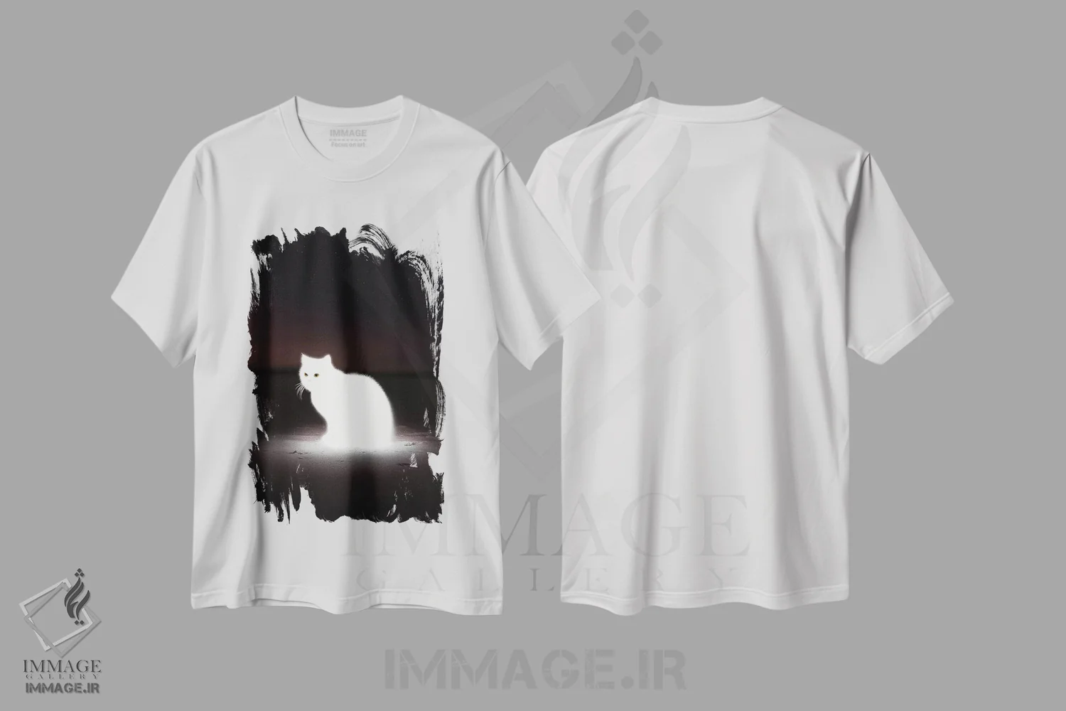 تیشرت سفید طرح دار گربهٔ درخشان، عکاسی ترکیبی اثر ای ان.پی اس | فروشگاه ایماژ