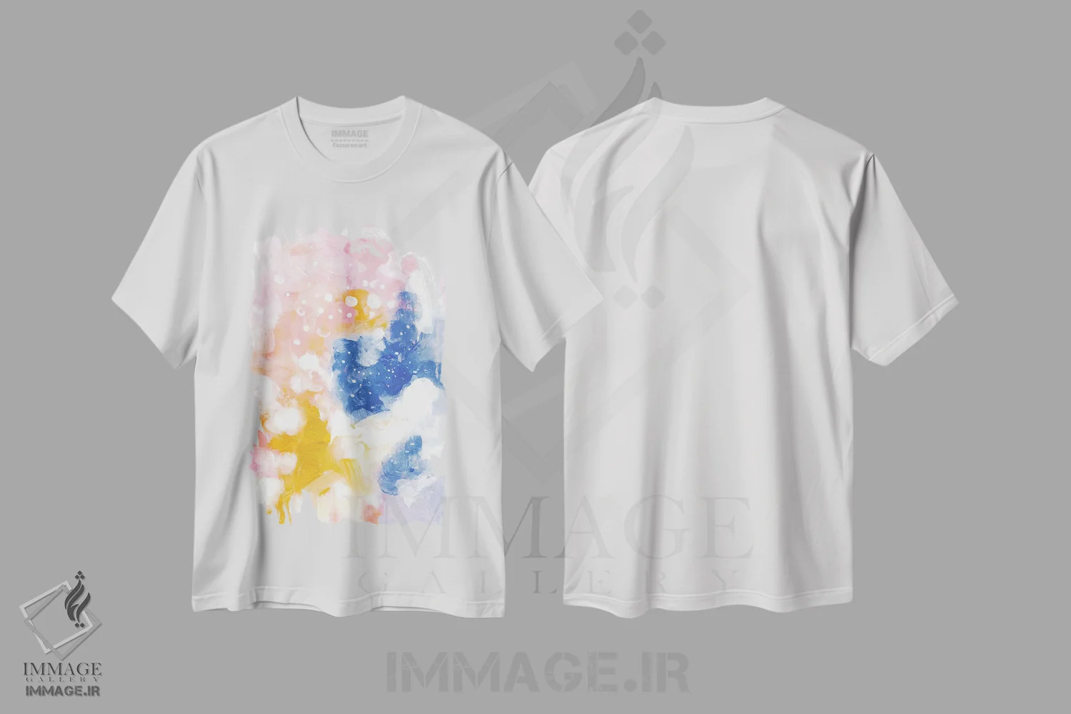 تیشرت سفید طرح دار بهشت پشمک، آبستره اثر ان شیپ | فروشگاه ایماژ