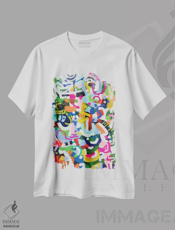 تیشرت سفید طرح دار شهر زمرد، آبستره اثر ان شیپ | فروشگاه ایماژ