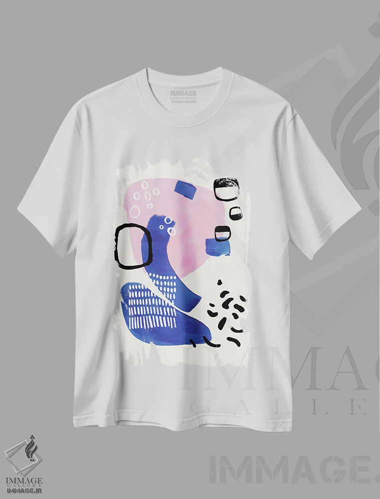 تیشرت سفید طرح دار صورتی نئون و آبی سلطنتی، آبستره اثر ان شیپ | immage.ir