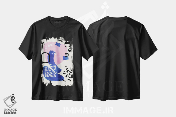تیشرت مشکی طرح دار صورتی نئون و آبی سلطنتی، آبستره اثر ان شیپ | فروشگاه ایماژ