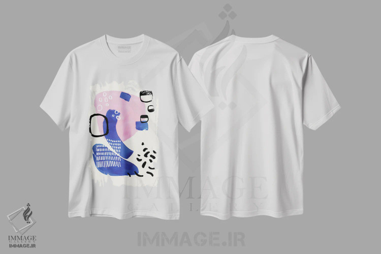 تیشرت سفید طرح دار صورتی نئون و آبی سلطنتی، آبستره اثر ان شیپ | immage.ir