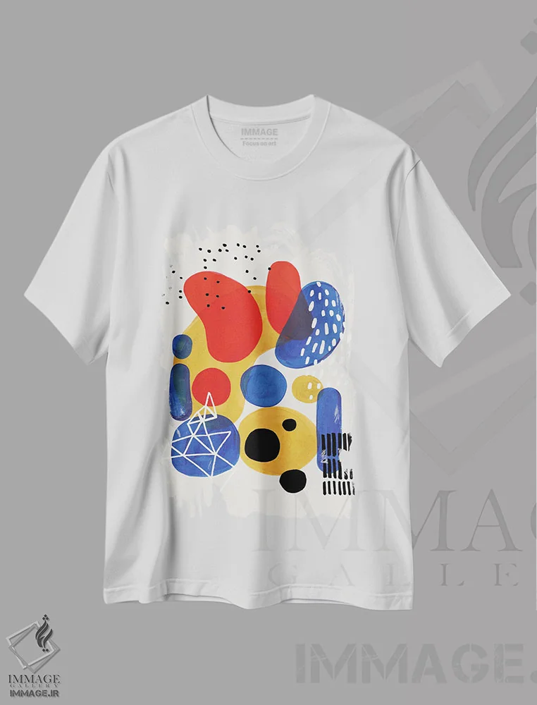 تیشرت سفید طرح دار زمین بازی اولیه، آبستره اثر ان شیپ | فروشگاه ایماژ