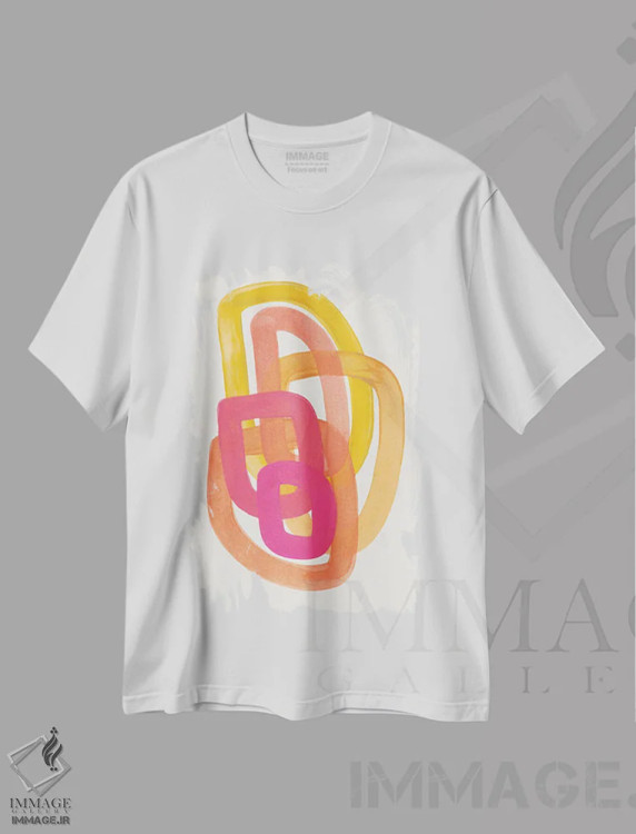 تیشرت سفید طرح دار حلقه های فانکی دهه ۷۰ میلادی، آبستره اثر ان شیپ | فروشگاه ایماژ