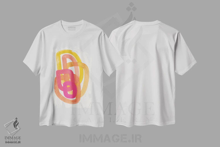 تیشرت سفید طرح دار حلقه های فانکی دهه ۷۰ میلادی، آبستره اثر ان شیپ | فروشگاه ایماژ
