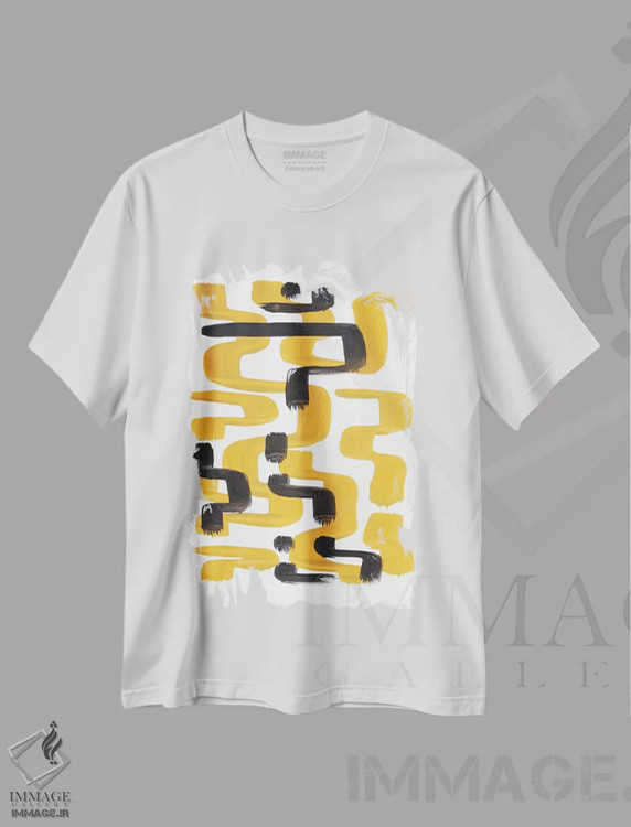 تیشرت سفید طرح دار پیچ وتاب خردلی اثر ان شیپ | فروشگاه ایماژ