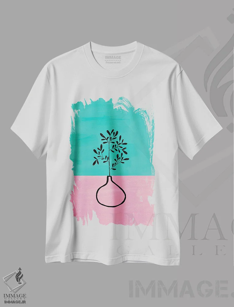 تیشرت سفید طرح دار گیاه آپارتمانی فیروزه ای، آبستره اثر ان شیپ | فروشگاه ایماژ