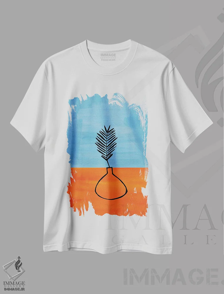 تیشرت سفید طرح دار گیاه آپارتمانی آبی غباری و نارنجی، آبستره اثر ان شیپ | immage.ir