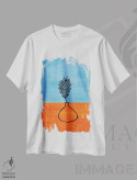 تیشرت سفید طرح دار گیاه آپارتمانی آبی غباری و نارنجی، آبستره اثر ان شیپ | immage.ir