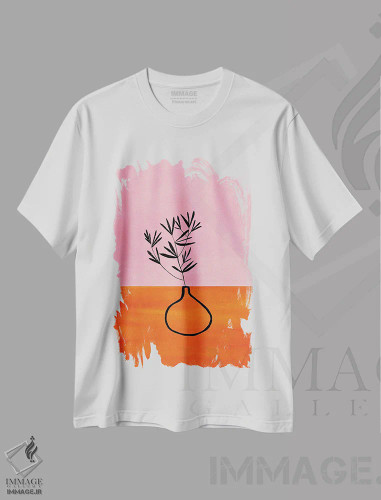 تیشرت سفید طرح دار گیاه آپارتمانی صورتی و نارنجی، آبستره اثر ان شیپ | فروشگاه ایماژ