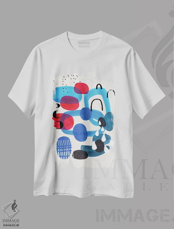 تیشرت سفید طرح دار طوفان سنگ ریزه های اقیانوسی، آبستره اثر ان شیپ | فروشگاه ایماژ