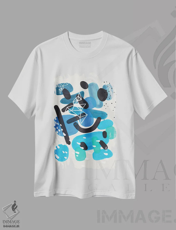 تیشرت سفید طرح دار طوفان سنگ ریزه های دریا، آبستره اثر ان شیپ | فروشگاه ایماژ