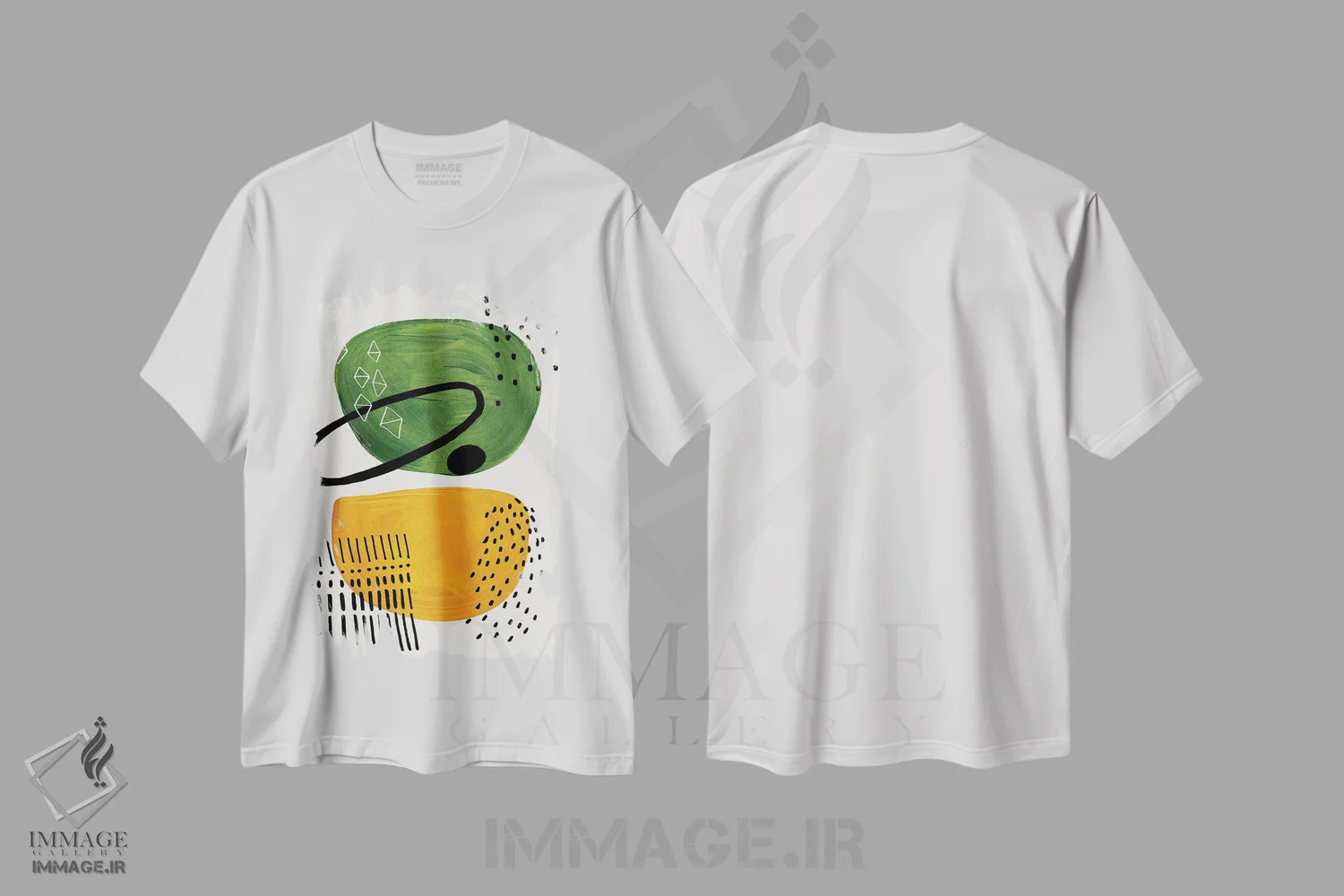 تیشرت سفید طرح دار زیتونی خردلی میانه قرن اثر ان شیپ | immage.ir