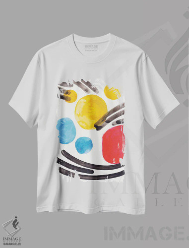 تیشرت سفید طرح دار آبرنگ اولیه، آبستره اثر ان شیپ | فروشگاه ایماژ