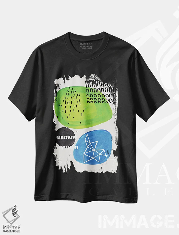 تیشرت مشکی طرح دار مهمانی آبی لیمویی اثر ان شیپ | immage.ir