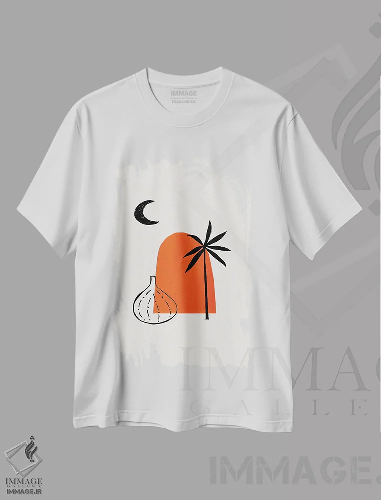 تیشرت سفید طرح دار گلدان با نخل و ویرانه های باستانی، آبستره اثر ان شیپ | فروشگاه ایماژ