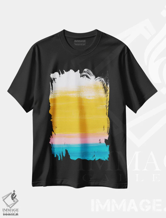 تیشرت مشکی طرح دار غروب اقیانوس زرد، آبستره اثر ان شیپ | فروشگاه ایماژ
