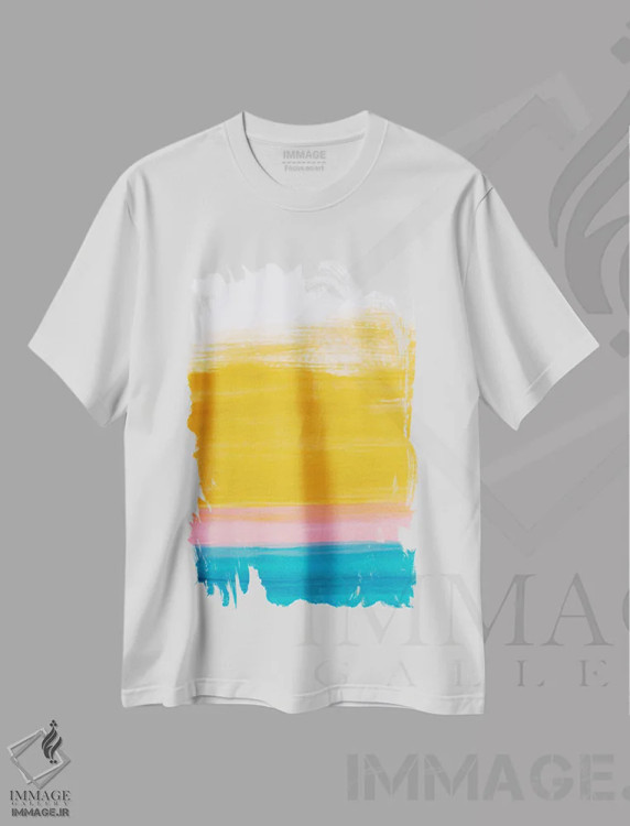 تیشرت سفید طرح دار غروب اقیانوس زرد، آبستره اثر ان شیپ | immage.ir