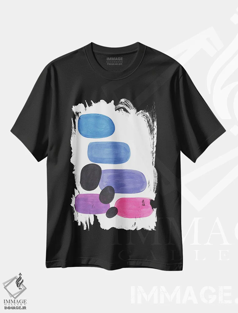تیشرت مشکی طرح دار سنگ ریزه های آبی پری وینکل، آبستره اثر ان شیپ | immage.ir