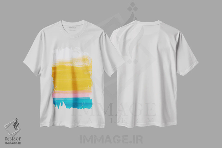 تیشرت سفید طرح دار غروب اقیانوس زرد، آبستره اثر ان شیپ | immage.ir