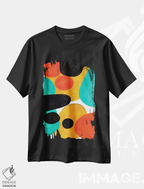 تیشرت مشکی طرح دار رولی پولی اُلی فیروزه ای، آبستره اثر ان شیپ | فروشگاه ایماژ