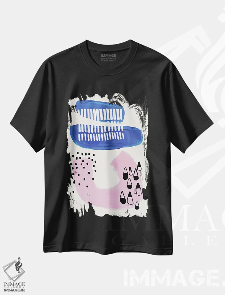 تیشرت مشکی طرح دار مهمانی صورتی نئونی و آبی سلطنتی اثر ان شیپ | فروشگاه ایماژ