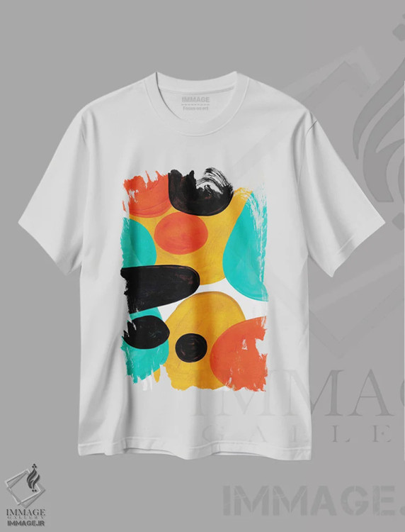 تیشرت سفید طرح دار رولی پولی اُلی فیروزه ای، آبستره اثر ان شیپ | immage.ir