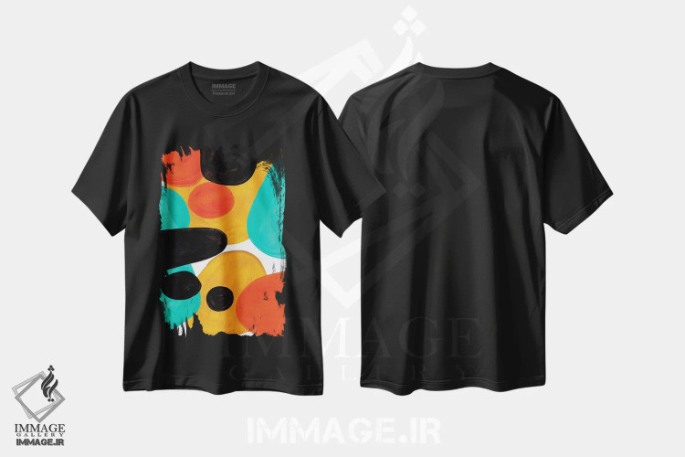 تیشرت مشکی طرح دار رولی پولی اُلی فیروزه ای، آبستره اثر ان شیپ | فروشگاه ایماژ