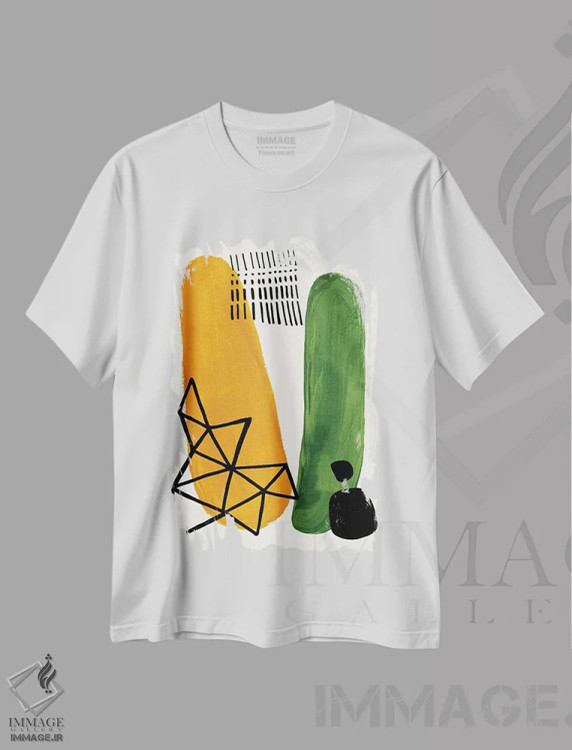 تیشرت سفید طرح دار خیار شور زیتونی و خردلی زرد اثر ان شیپ | immage.ir