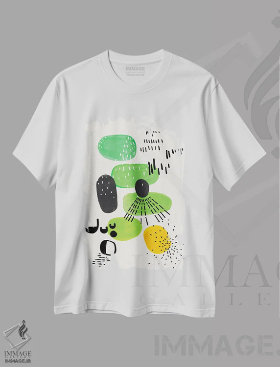 تیشرت سفید طرح دار مهمانی لیمویی، آبستره اثر ان شیپ | فروشگاه ایماژ