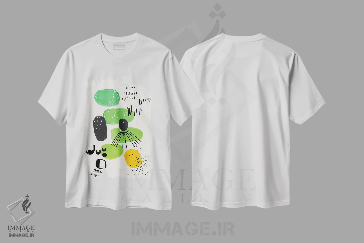 تیشرت سفید طرح دار مهمانی لیمویی، آبستره اثر ان شیپ | فروشگاه ایماژ