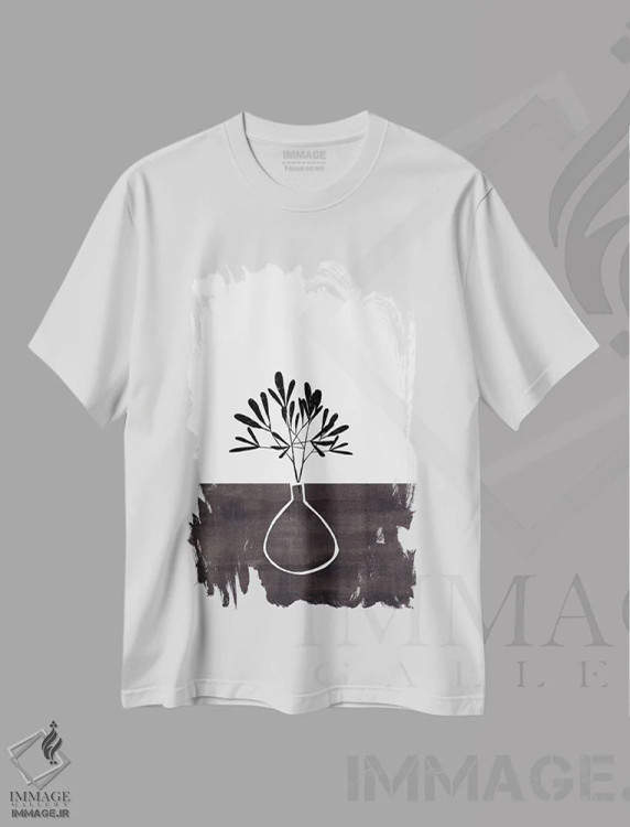 تیشرت سفید طرح دار گلدان جوهر مشکی، آبستره اثر ان شیپ | فروشگاه ایماژ