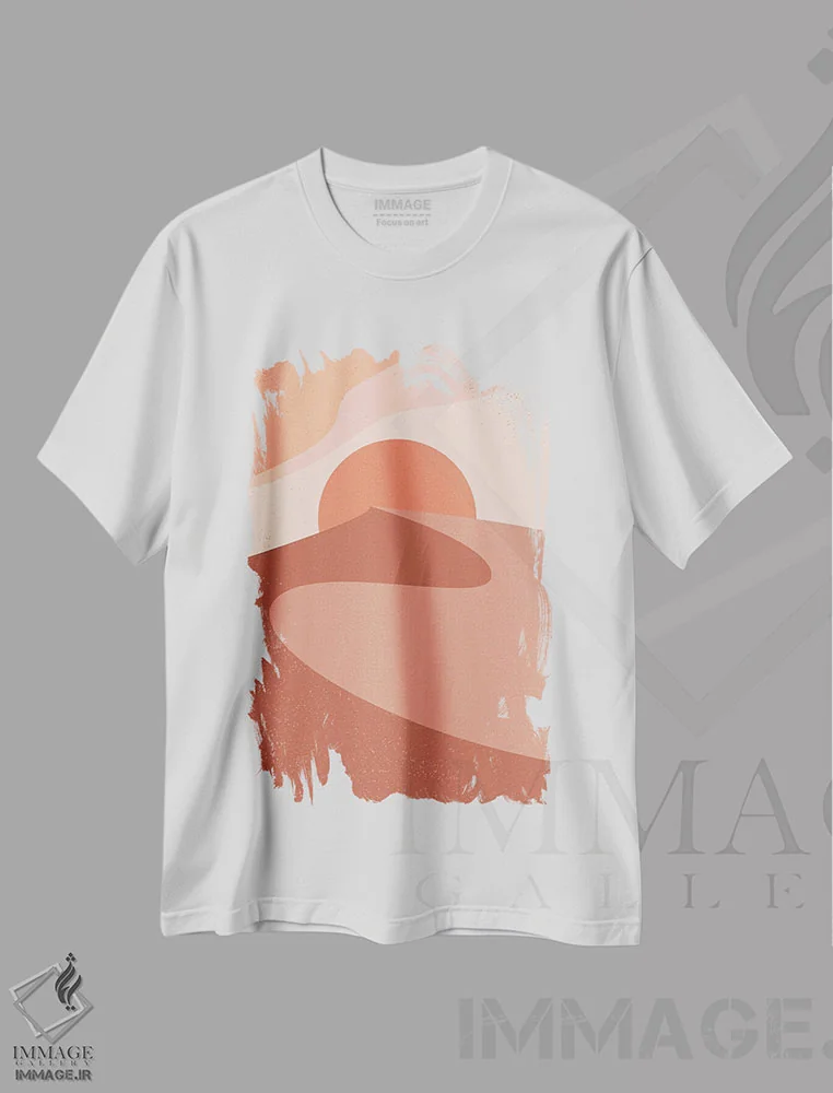تیشرت سفید طرح دار غروب تپه شنی سرخ، آبستره اثر ان شیپ | فروشگاه ایماژ