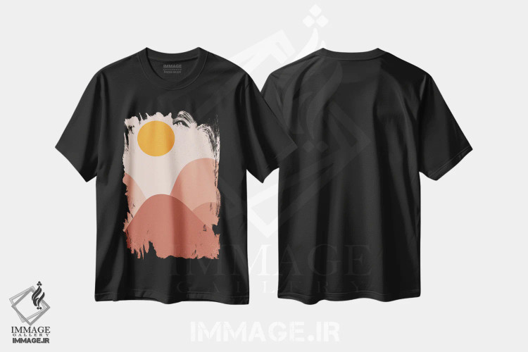 تیشرت مشکی طرح دار طلوع خورشید بر فراز کوه ها، آبستره اثر ان شیپ | immage.ir