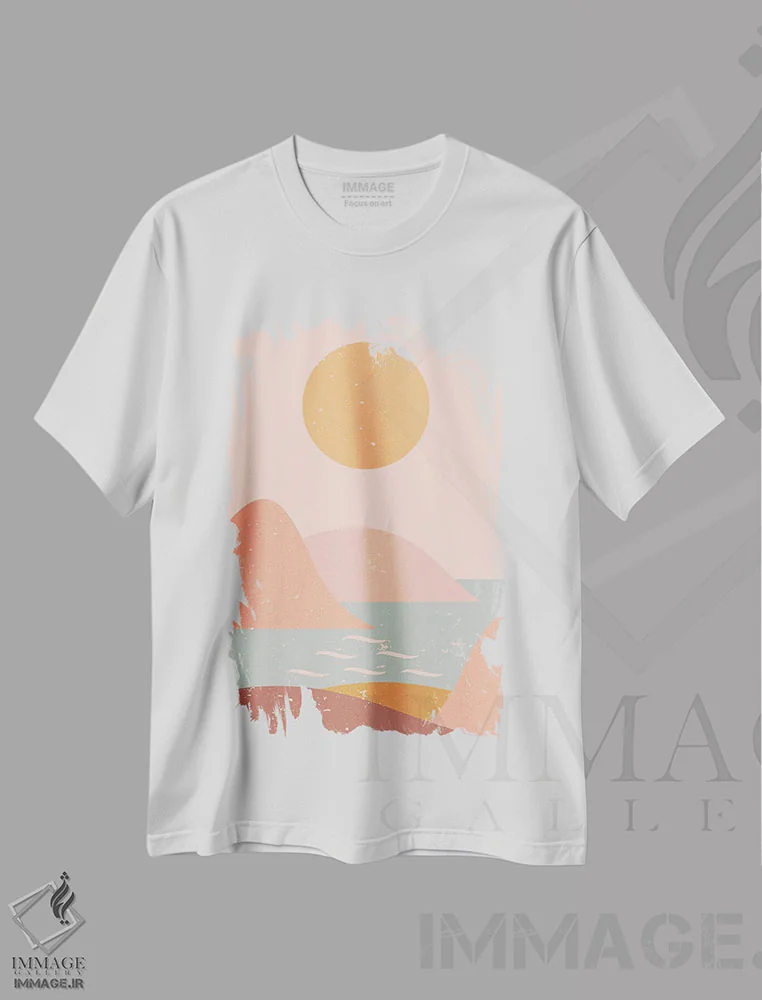 تیشرت سفید طرح دار خورشید کوهستان اقیانوس، آبستره اثر ان شیپ | immage.ir