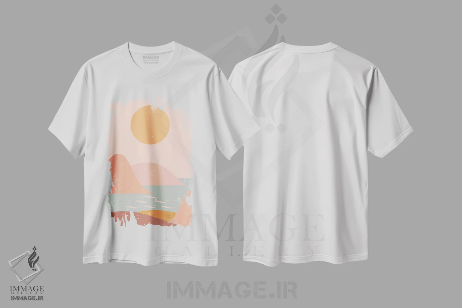 تیشرت سفید طرح دار خورشید کوهستان اقیانوس، آبستره اثر ان شیپ | immage.ir