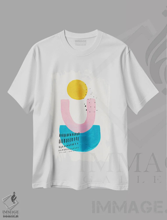 تیشرت سفید طرح دار خورشید صورتی اقیانوس، آبستره اثر ان شیپ | immage.ir