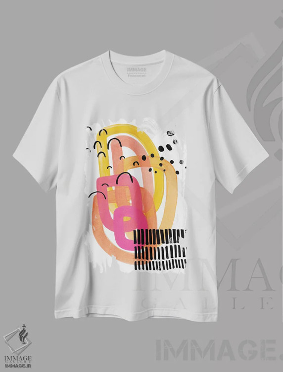 تیشرت سفید طرح دار مهمانی محله فانکی دهه ۷۰ میلادی، آبستره اثر ان شیپ | فروشگاه ایماژ